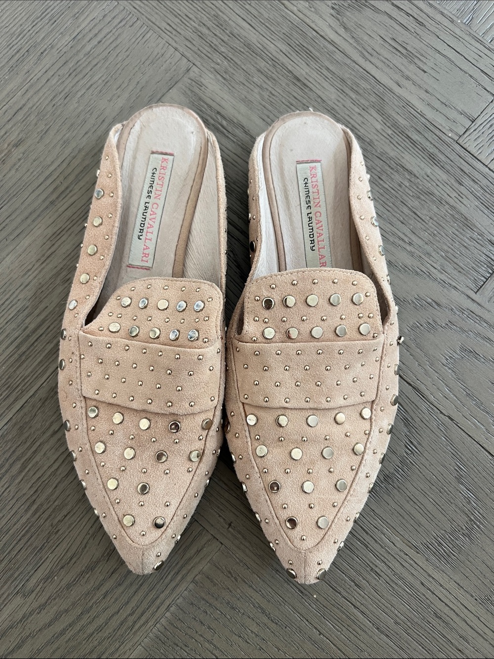 Studded Tan Suede Pointed-Toe Mules